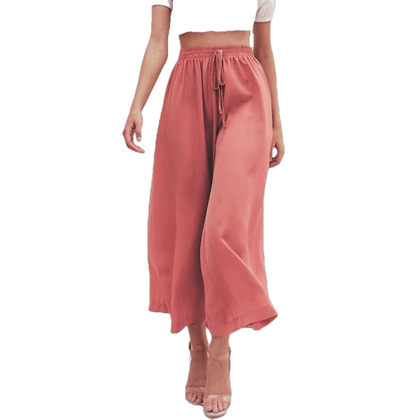 Elastic High Waist Wide Leg Solid Lace Up Trousers Street Wear Pants - Sheseelady