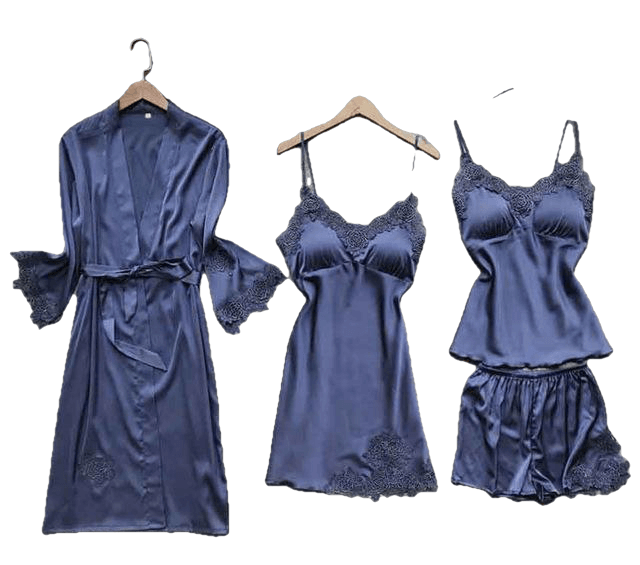 Sexy Women'S Robe & Gown Sets Lace Bathrobe + Night Dress 4 Four Pieces Sleepwear Womens Sleep Set Faux Silk Robe Femme Lingerie