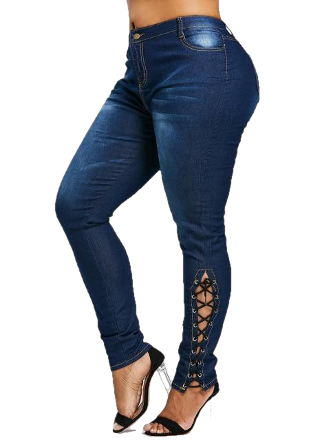 Lace Up Skinny High Waist Fit Stretched  Blue Women Pants Elegant Strap Stonewash Fashion Jeans
