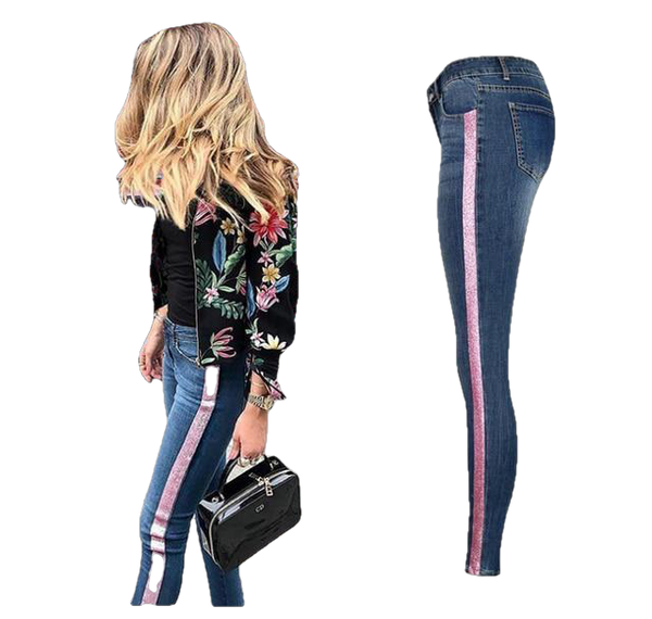 Low Waist Fashion Side Stripe Skinny Jeans - Sheseelady